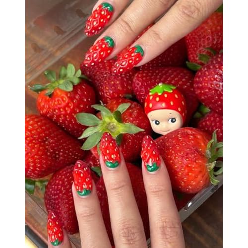 Handcrafted Press On Nails Creative 3D Full-Cover Strawberry Design Fun Fruit Shape 100% Handmade Realistic Artistic Fake Nails Gifts For Women (Strawberry, Medium M)