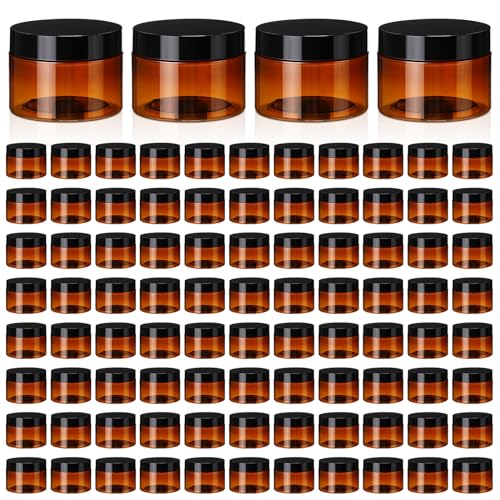 Tanlade 100 Pcs 4 oz Amber Plastic Cosmetic Jars with Lids Empty Leak Proof Container Refillable Cosmetic Jars Airtight for Cream, Lotion, Powder, Ointment, Beauty Products Travel Storage(Round)
