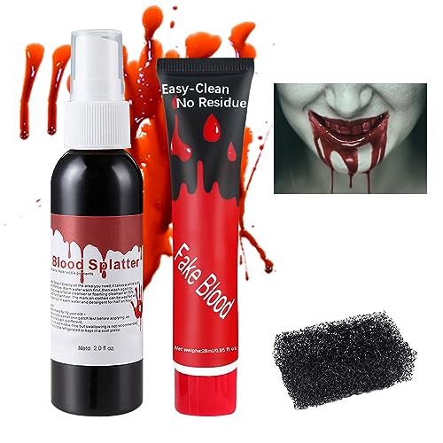 Fake Blood Spray 2.1oz(60 ml) Fake Blood Gel With Spong Washable Fake Blood Makeup for Clothes Face Body,Halloween Special Effects Clown Cosplay Vampire Zombie Makeup Kit