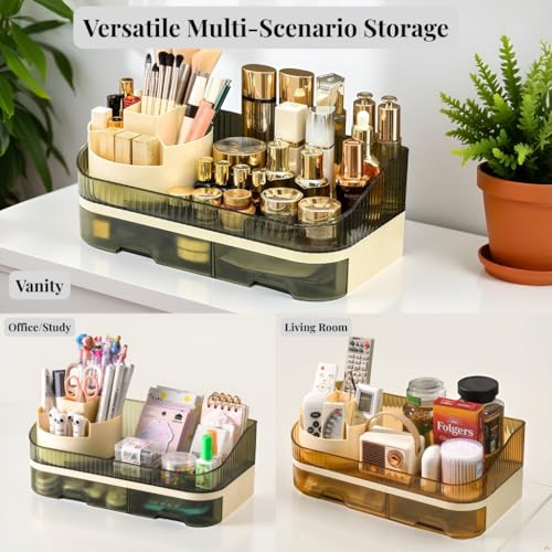 Brown Makeup Organizer with Dual Drawers and Rotating Top - TidyLadyo