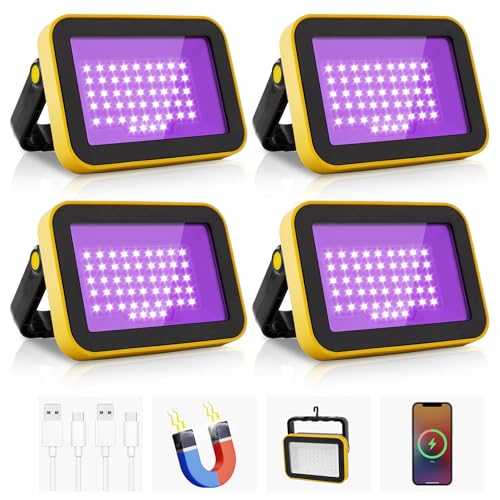 CREPOW 4 Pack Rechargeable LED Black Lights UV Floodlights for Parties, Halloween, Night Fishing, and Decorations