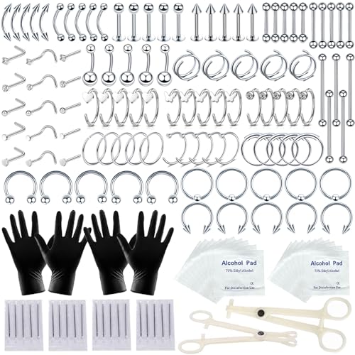 154PCS Mixed-pack Nose Piercing Kits for All Piercings,Stainless Steel Piercing Jewelry Kit 14G 16G with Piecing Needles for Ear Cartilage Tragus Nose Septum Lip Piercing Tools