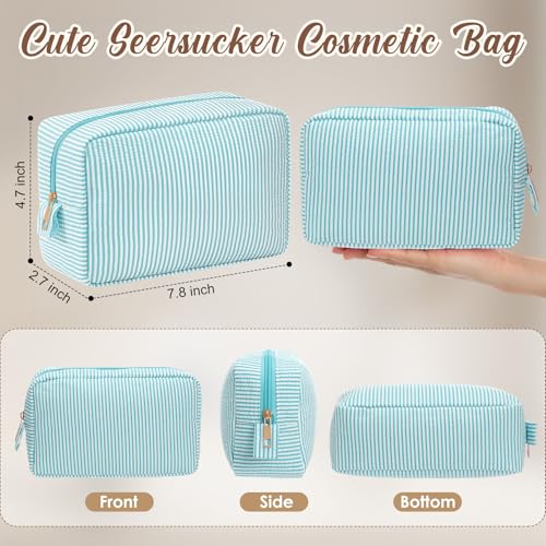 Sanwuta 10 Pcs Seersucker Cosmetic Bag Seersucker Makeup Bag Women Stripe Large Travel Toiletry Organizer Preppy Storage Pouch for Embroidery Wedding Bridesmaid Bride Mom (Mint Green)