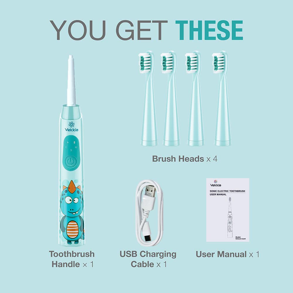 Vekkia Sonic Rechargeable Kids Electric Toothbrush, 3 Modes with Memory, Fun & Easy Cleaning, 24000 Strokes, IPX7 Waterproof, 2-Min Timer for Age 5+, 4 Soft Bristles(Blue)