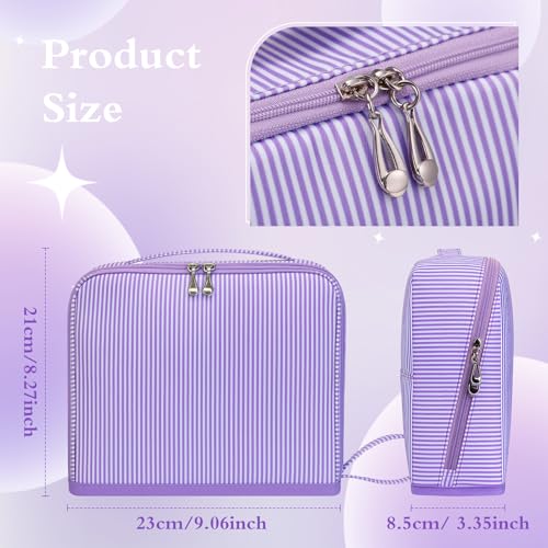Striped Makeup Bag Large Cosmetic Bags for Women Gift with Brush Loops Mesh Pocket Wrist Strap Travel Organizer Storage Pouch Toiletry Case with Divider for Mirror(Lavender)