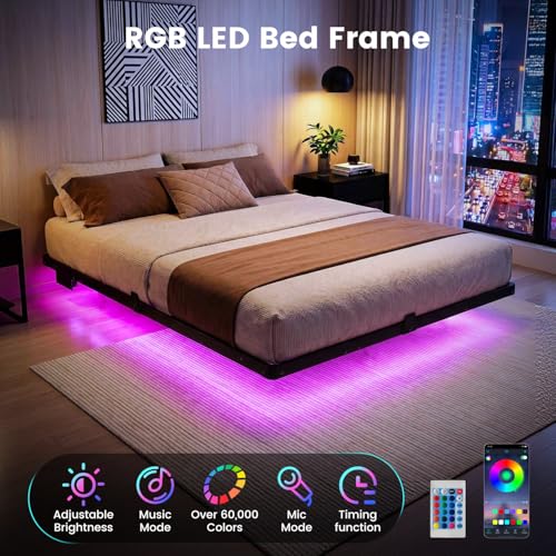 Queen Floating Bed Frame with Smart LED Lights & USB Charging Station