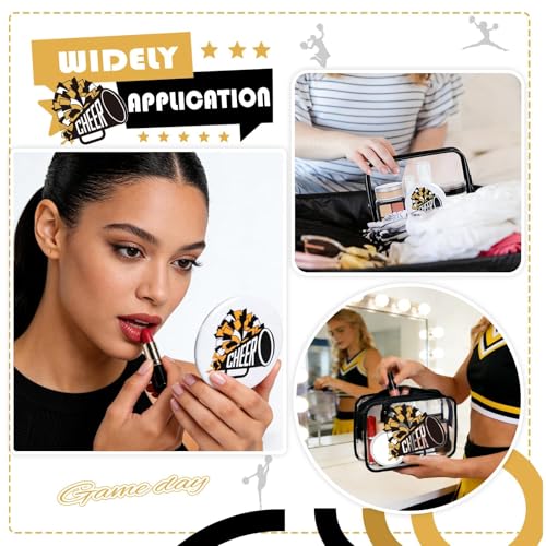 24 Pcs Cheerleader Gifts Bulk for Team 12 Cheer Makeup Bags and 12 Round Portable Mirror,7 x 4.7 x 2.4'' Cosmetic Bag for Women Party Favors Team Gifts (Black&Gold)