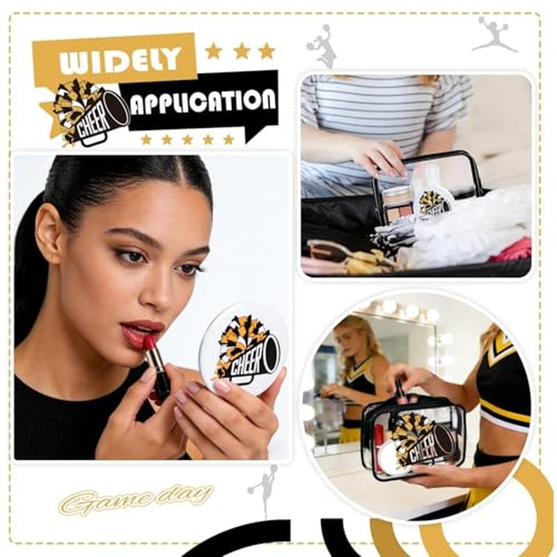 24 Pcs Cheerleader Gifts Bulk for Team 12 Cheer Makeup Bags and 12 Round Portable Mirror,7 x 4.7 x 2.4'' Cosmetic Bag for Women Party Favors Team Gifts (Black&Gold)