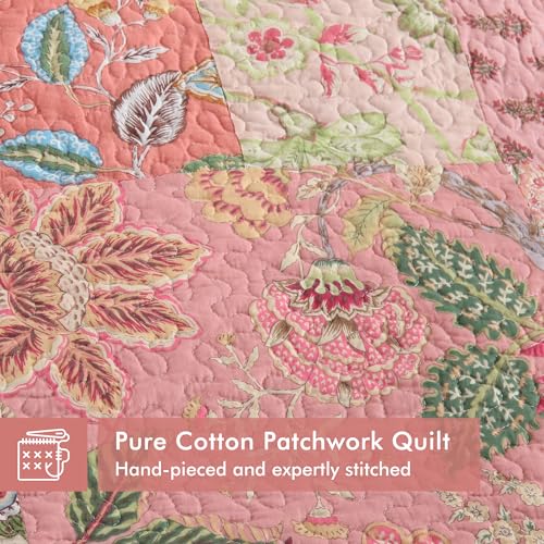 Pink Floral Cotton Quilt Set Queen Size Reversible Bedspread for All Seasons