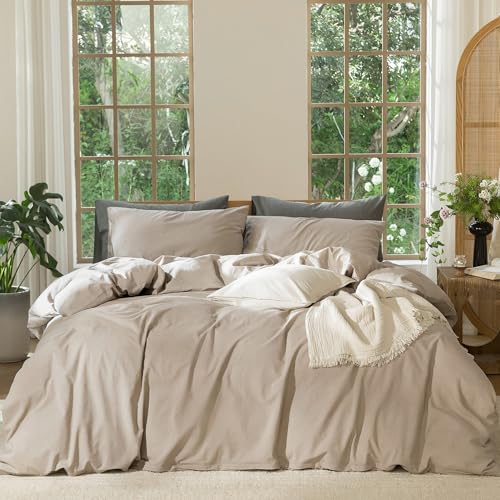 Oversized King Duvet Cover Set - Washed Cotton Linen Look in Heathered Taupe, 120x98