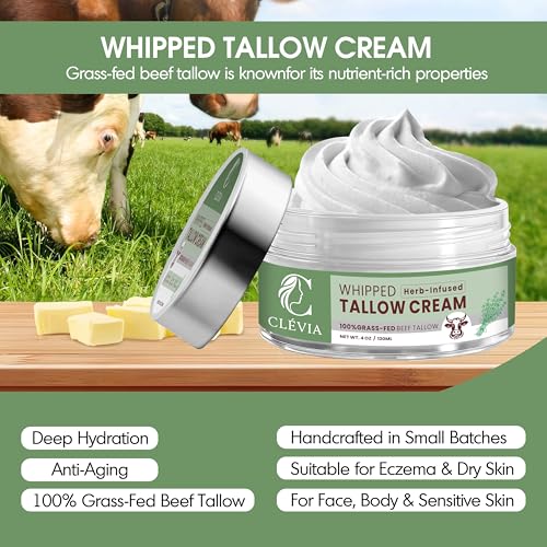 100% Grass-Fed Whipped Tallow Cream - 4 OZ Anti-Wrinkle Face+Body Balm ? Organic Beef Tallow with Jojoba Oil ? Deep Hydration for Dry, Sensitive & Irritated Skin | Herb-Infused Unscented