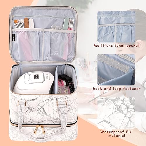 Nail Polish Organizer, Double Layer Nail Polish Storage Bag Carrying Case Holds 42 Bottles with Nail Dryer Lamp Portable Manicure kit supplies Organizer £¨White£©