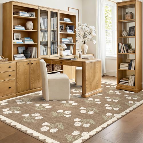 Boho Tan 6x9 Living Room Rug - Washable Floral Farmhouse Area Rug with Non-Slip Backing