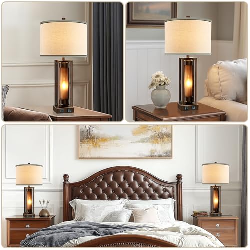 Farmhouse Table Lamps Set of 2 with USB C+A Ports - Brown