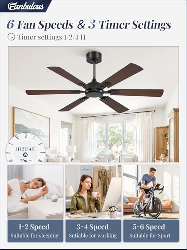 52-Inch Ceiling Fan No Light with Remote Dual Finish Black Walnut Reversible