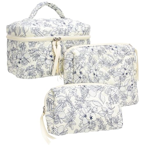 Quilted Makeup Bag Set for Women - 3 Pieces, Travel & Storage
