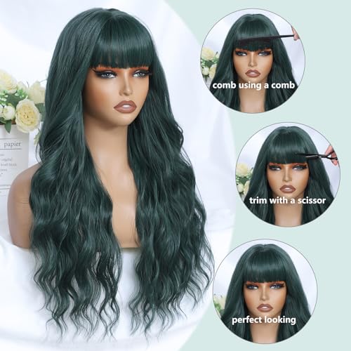 Dark Green Wavy Wig with Bangs for Women - 26 Inch Long Synthetic Hair, Natural Look, Heat Resistant, Adjustable Fit