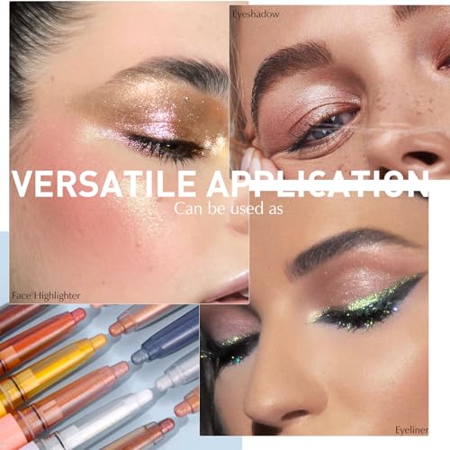 Glitter Eyeshadow Stick Metallic Chrome Finish, Shimmer Cream Eye Shadow Stick Long Lasting Holographic Color Sparkle Multi-Use Eye Brightener Highlighter Makeup Blendable Eyeliner Pencil, 5#