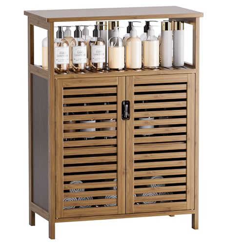 HITNET Walnut Bamboo Bathroom Storage Cabinet with Double Doors & Open Shelf