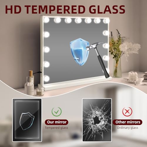 VANITII Hollywood Vanity Mirror with Lights USB Charging 22.8¡±*18.1¡± Lighted Makeup Mirror with 15 LED Bulbs Dimmable 3 Modes Tabletop for Cosmetic