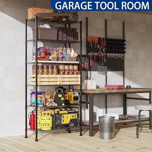 Black 6-Tier Wire Shelving Unit - Adjustable Metal Storage Rack for Laundry Kitchen Bathroom 14.1"D x 30"W x 80"H