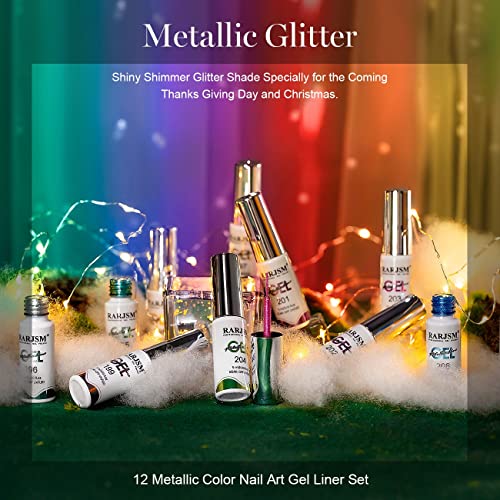 Metallic Nail Art Gel Liner Set - 12 Colors, Glitter & Painted Designs, 5ml