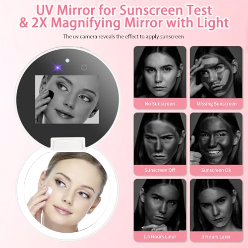 DESCHEN Rechargeable Travel Compact Smart UV Camera UV Mirror for Sunscreen Test, 2X Makeup Mirror with Lights and Magnification, 3.7 Inch Portable Purse Pocket LED, Skin Sun Protection