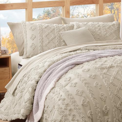 Queen Size Boho Tufted Comforter Set - Beige, 7 Pieces, Bed in a Bag