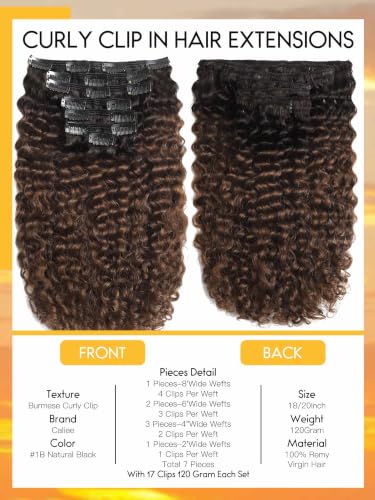 Caliee Burmese Curly Human Hair Clip Ins - Natural Black to Chocolate Brown 20 Inch 120g Variation T1B/4