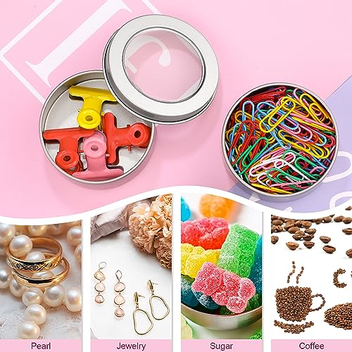 TecUnite 100 Pack 2 Ounce Metal Tin Cans Round Empty Container Salve Tins with Clear Lid for Kitchen, Office, Candles, Candies