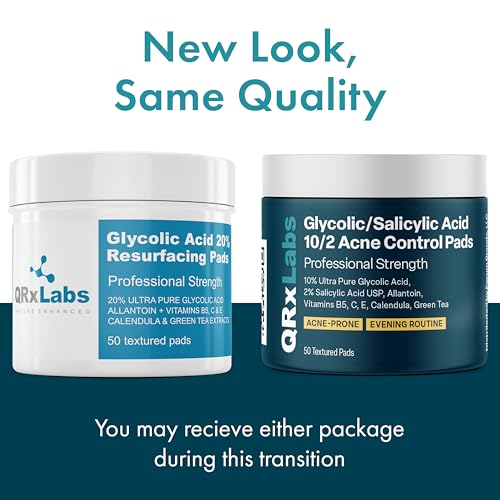 QRxLabs Glycolic/Salicylic Acid 10/2 Acne Control Pads with 10% Ultra Pure Glycolic + 2% Salicylic Acid, Allantoin, Vitamins B5, C & E, Calendula Green Tea - Most Effective Treatment Clear Skin - 2PK