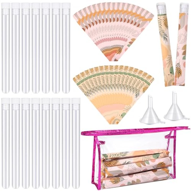 94 Pcs Boho Travel Tube Includes 30 Plastic Tube for Women Containers 60 Self Adhesive Wrappers 1 Storage Bag 2 Funnels 1 Brush