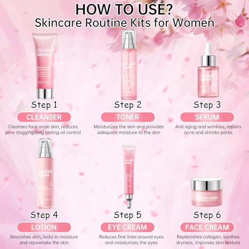 Collagen Sakura Skincare Gift Set Pink - 6 Pieces Moisturizing & Revitalizing Routine for Women & Teens