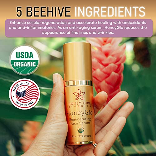 Honey Girl Organics HoneyGlo Regenerating Face Serum, USDA Certified Organic Facial Serum for Women Softens and Moisturizes Skin with Enriched Beehive Ingredients, Vitamin C and EVOO (1 oz)