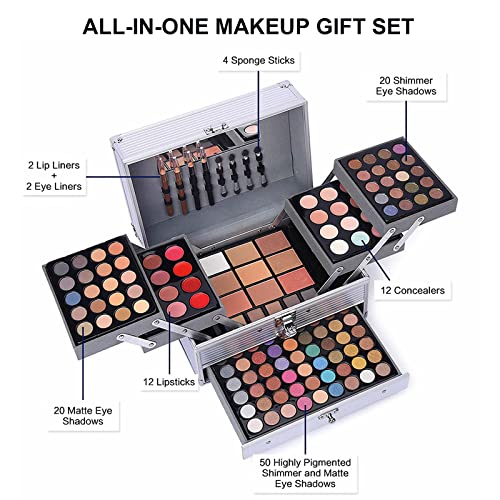 All-in-One Makeup Kit for Women - 132 Colors, Portable Travel Set - Silver (006N2-Silver)