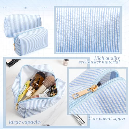 Light Blue Seersucker Cosmetic Bags Set - 12 pcs, Zippered & Striped