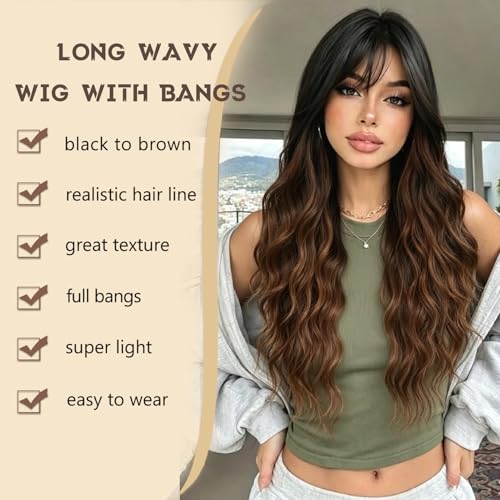 FEIVOSILAN Ombre Brown Wavy Wig with Bangs - Long 26 Inch Synthetic Hair for Women