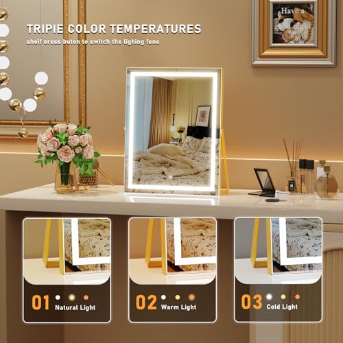 Vanity Mirror with Lights, 11"¡¿ 14" LED Makeup Mirror, Lighted Makeup Mirror with Lights, Smart Touch Control Dimmable 3 Modes Light 360¡ÆRotation Gold