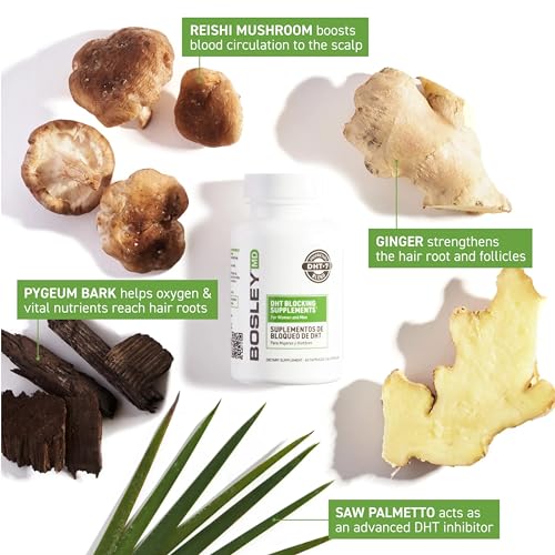 Men & Women DHT Blocking Hair Supplement - 60 Vegan Capsules, Thicker Fuller Hair, DHT-7 Blend, BosleyMD