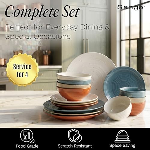 Sango Siterra Rustic Mix 16-Piece Stoneware Dinnerware Set for 4 - Chip-Resistant, Food Safe