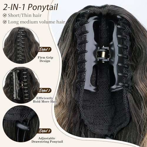 Claw Clip Ponytail Extension - Wavy Fluffy Hairpieces with Ombre Black Mix Blonde Variation