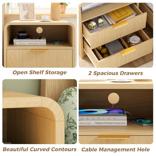 Large Modern Nightstand with 2 Drawers & Open Shelf - Oak Bedside Table