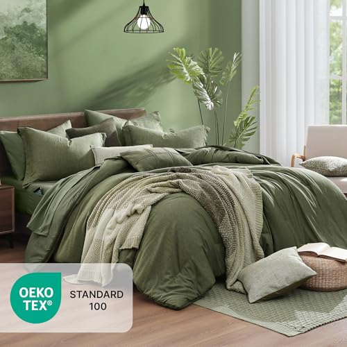 Olive Green Queen Comforter Set 7 Pieces - Bed in a Bag, Soft & Lightweight