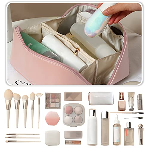 Large Capacity Travel Cosmetic Bag Make Up Bag with Handle and Zipper Multifunction Waterproof Toiletry Bag PU Travel Organiser Bag Wash Bag for Women Ladies Girls Pink A