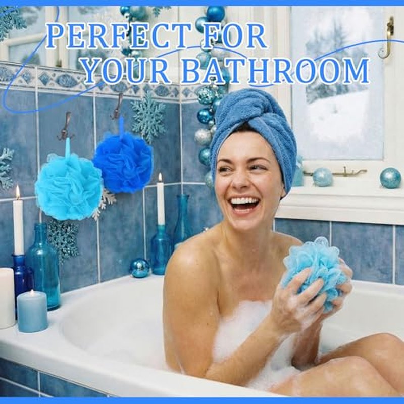 24 Pcs Bath Loofah Sponge Blue Loofah Exfoliating Body Scrubber Shower Sponge 50g Mesh Pouf Balls Gift Basket for Baby Shower Women Men Bathing Accessories Gift Bucket(Blue)