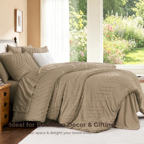 California King Comforter Set with Sheets - Taupe Boho 7-Piece Bed in a Bag, Amber Brown Variation