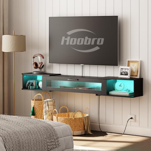 63 Inch Floating TV Stand with LED Light Wall Mount Power Outlet Black