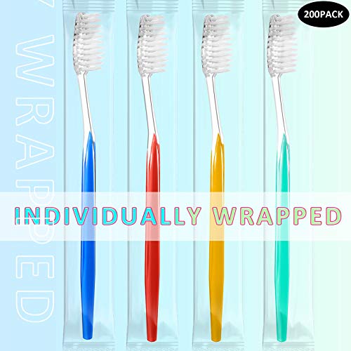 Patelai Vivid 200Pcs Disposable Travel Toothbrushes, Medium Soft Bristle, Individually Wrapped