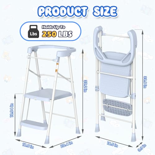 HBTower Foldable Kids Step Stool with Safety Railing - Blue, No Assembly, Toddler Tower for Independence