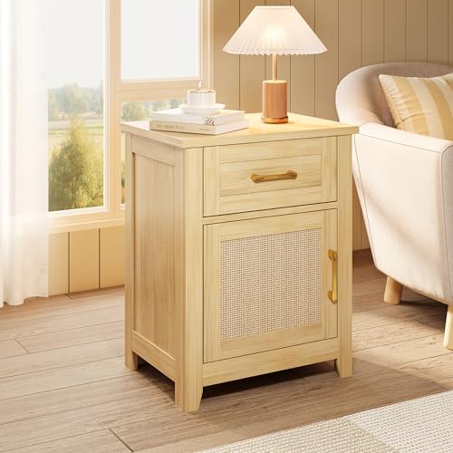Decofy Rattan Nightstand Set of 2 with Charging Station, Drawer & Cabinet - Natural Boho Style
